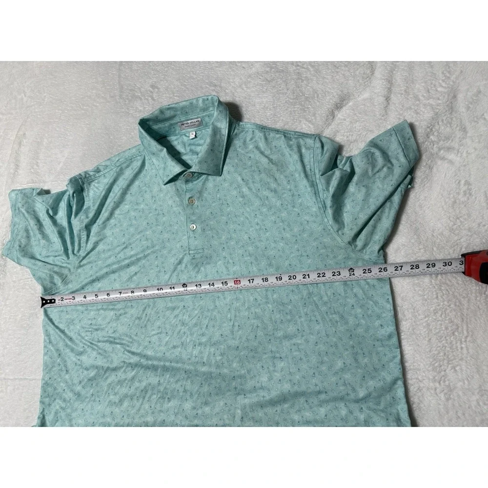 Peter Millar Summer Comfort Mens XL Polo Shirt Turquoise Geometric‎ Print Logo